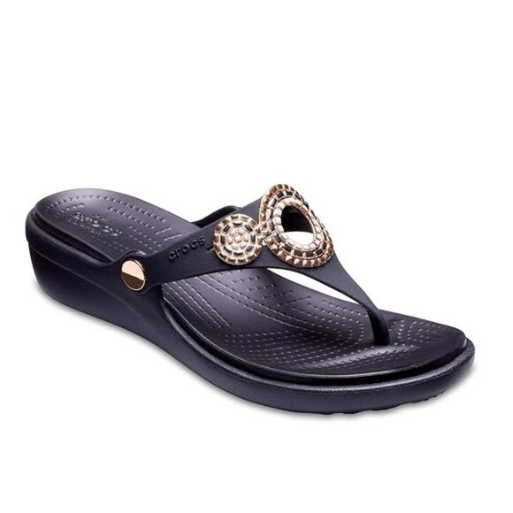 Crocs Sanrah Diamante Embellished Black/Rose Gold Wedge Flip Sandal Women's 6 w - Picture 3 of 14